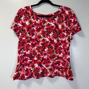 Ann Taylor Floral Peplum Blouse Red Pink Poppy Print Short Sleeve Top Size 14